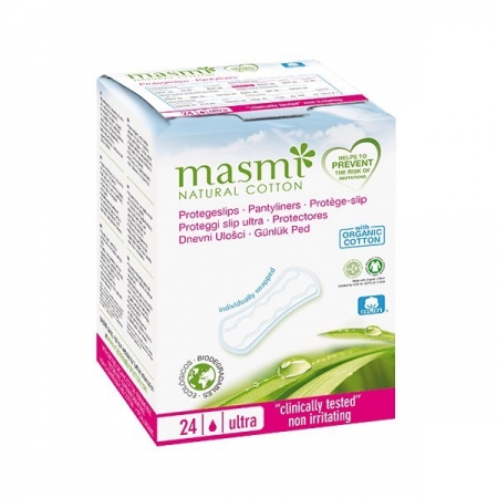MASMI Ultra cienkie organiczne bawełniane wkładki higieniczne o anatomicznym kształcie (pakowane indywidualnie) 24 SZT